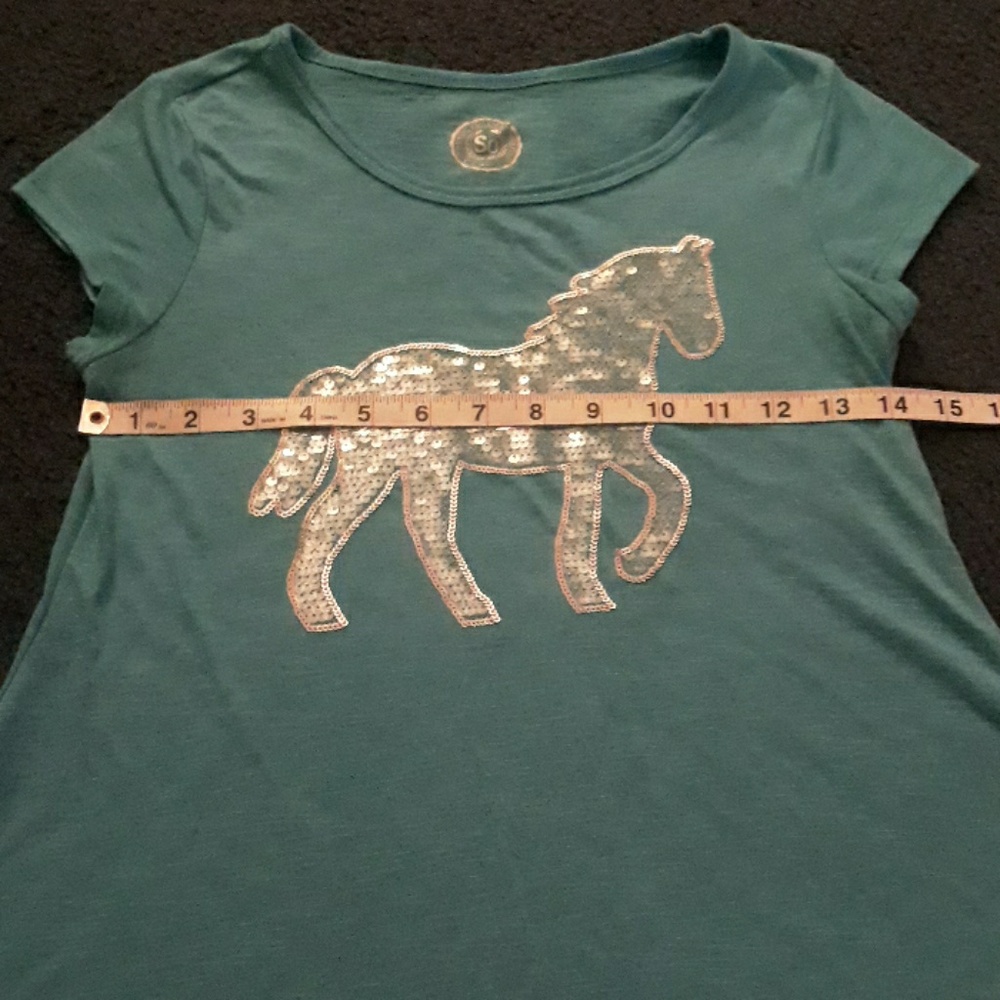 Blue sequined horse girls short sleeve tshirt